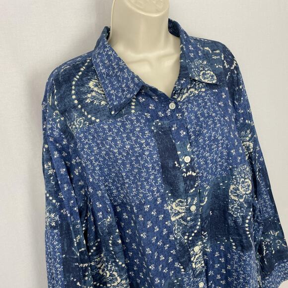 Chaps Top Women 3X Blue Patchwork Paisley Floral Bandana Print Button Front Boho - Picture 2 of 11